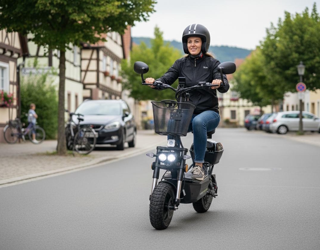 STREETBOOSTER Allrad - E‑Scooter mit Sitz und Straßenzulassung, E-Scooter, Fahrzeug, Motorrad, Rad, Person