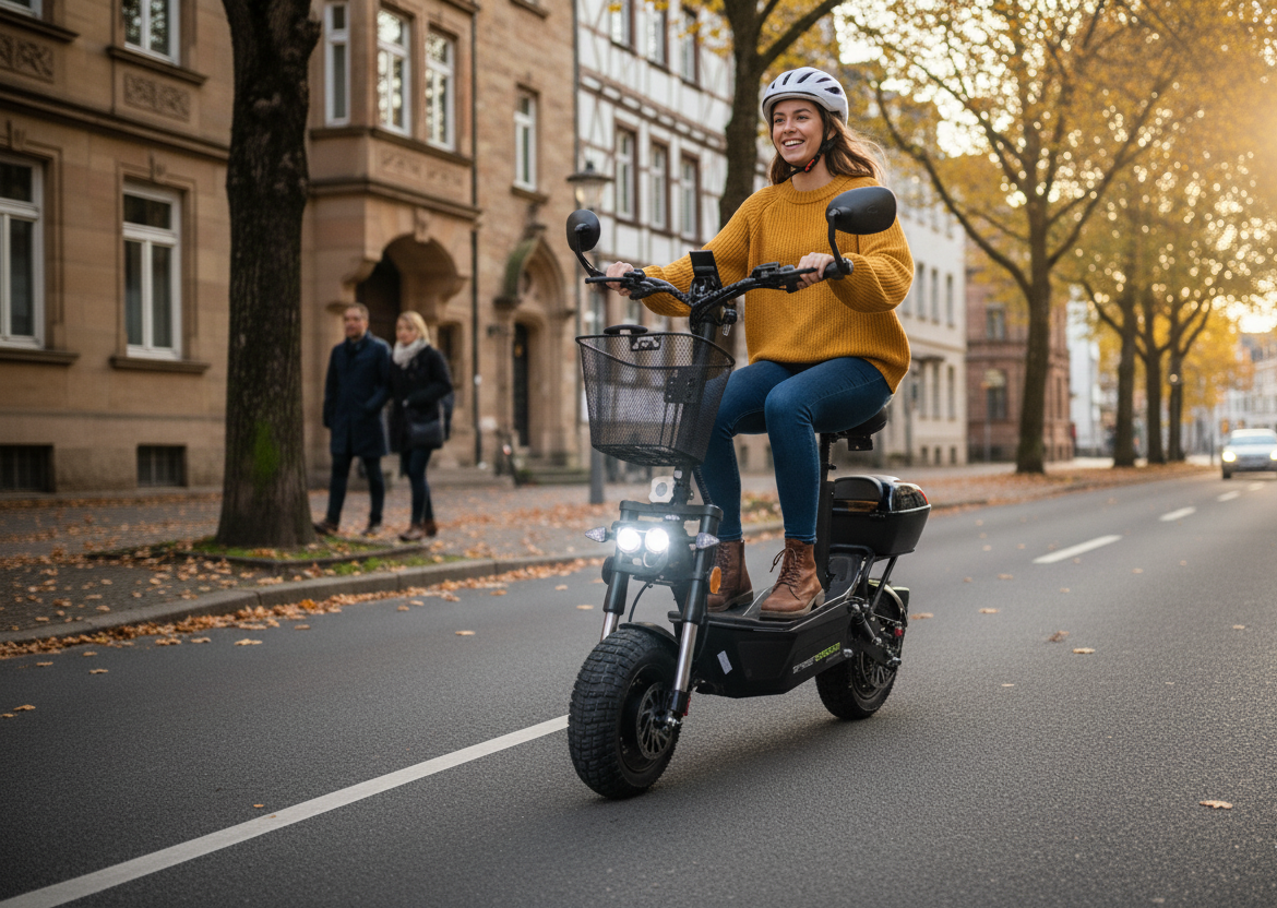 STREETBOOSTER Allrad - E‑Scooter mit Sitz und Straßenzulassung, Roller, Mantel, Erwachsener, Person, Frau